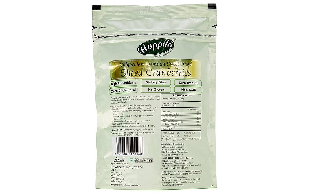 Happilo Californian Premium Sweet Dried Sliced Cranberries   Pack  200 grams